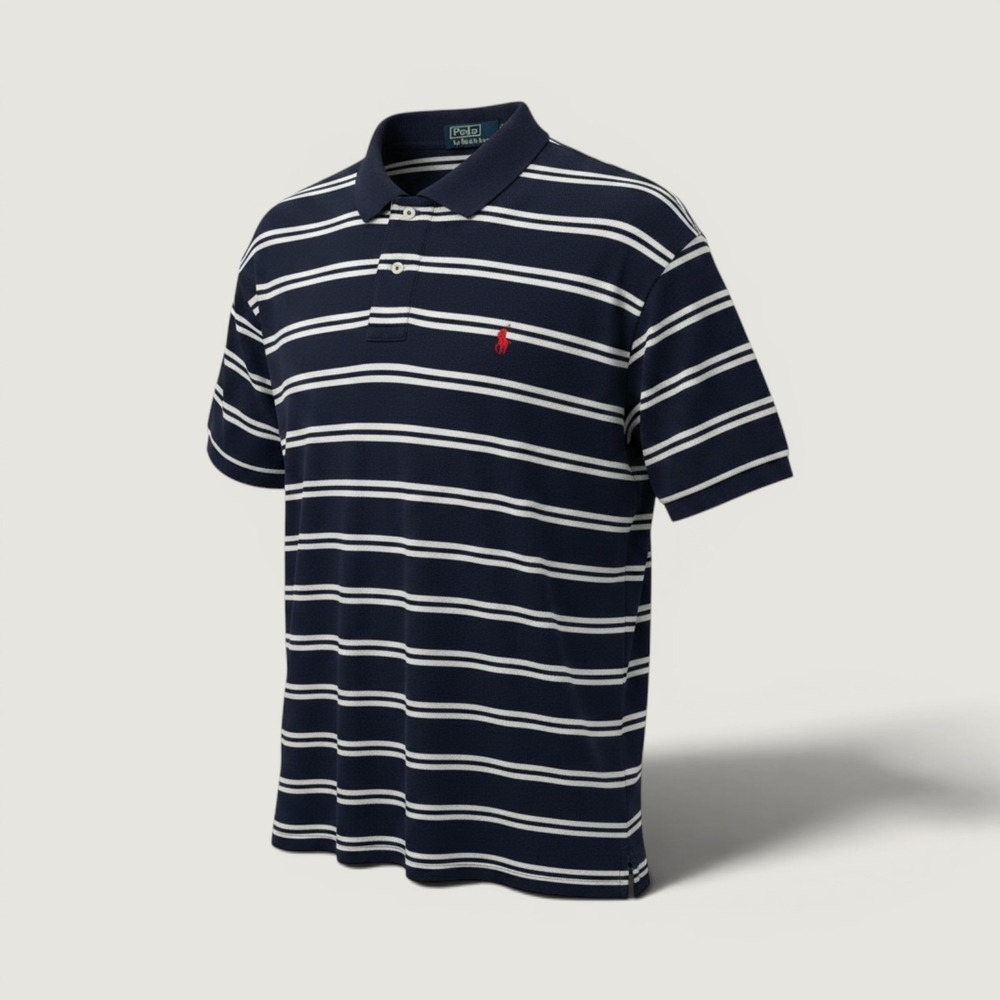 Polo By Ralph Lauren Polo Shirt Mens L Navy Blue Striped Short Sleeve Pony Logo